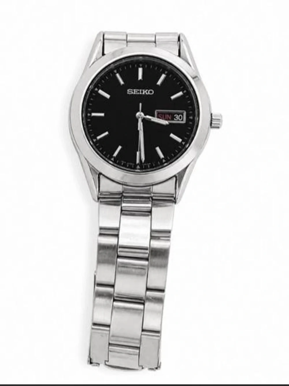 Vintage Seiko Quartz 7N43-9070 Black Dial Day Date Stainless Steel Watch